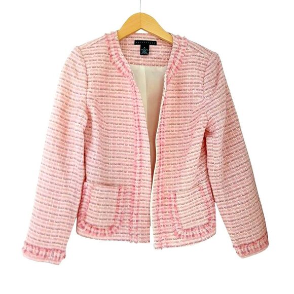 Apostrophe Pink Tweed Blazer Fringe Zipper Front Open Design Pockets Crop Size 6 - Picture 2 of 8